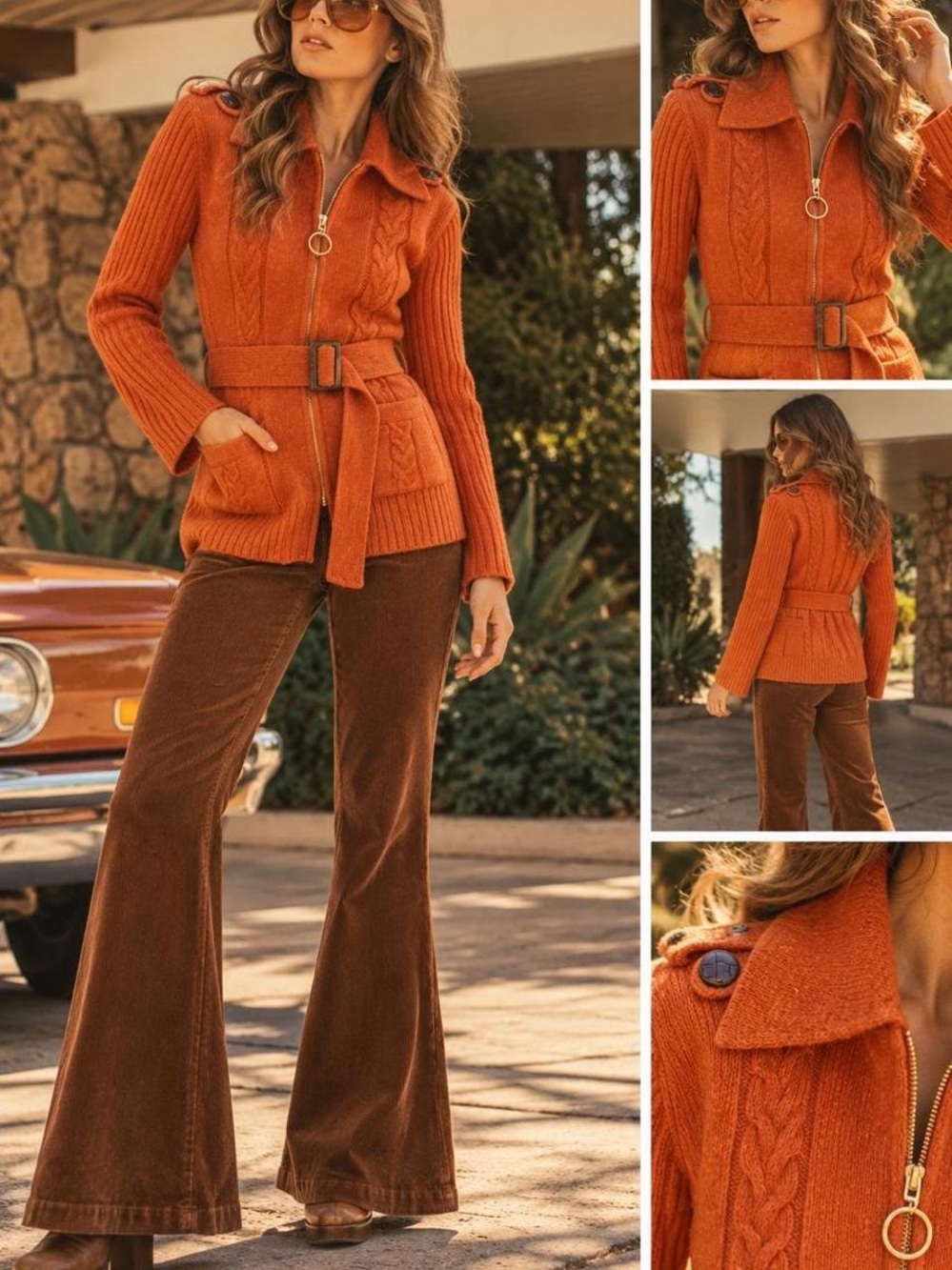 Vintage 70s Pure Wool Burnt Orange Belted Sweater Jacket